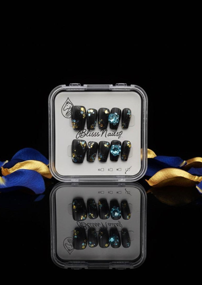 Blisss Nails Press on Nails Black color with Rhinestone & 3D Charms Short Coffin/Almond