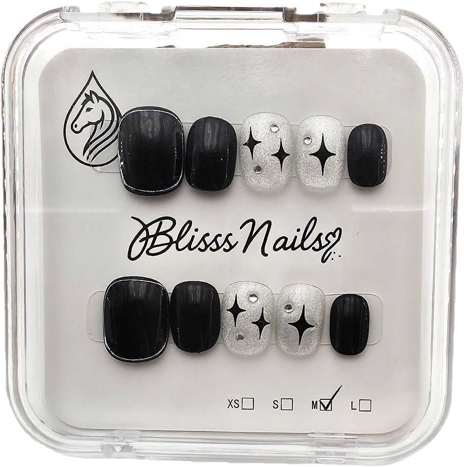 Blisss Nails Premium Handmade Black & Silver Fake Nails – Short Square Artificial Reusable Press On Nails with Glitter Star Design for Women | Salon Finish  10 pc Nail Set