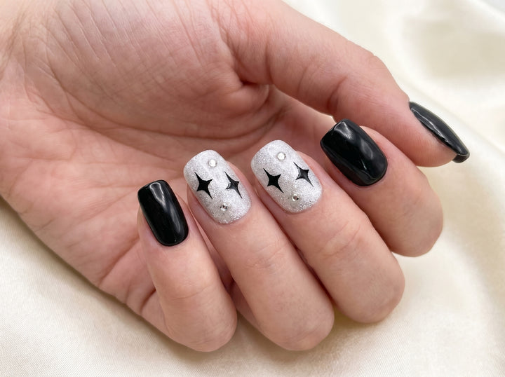 Blisss Nails Premium Handmade Black & Silver Fake Nails – Short Square Artificial Reusable Press On Nails with Glitter Star Design for Women | Salon Finish  10 pc Nail Set