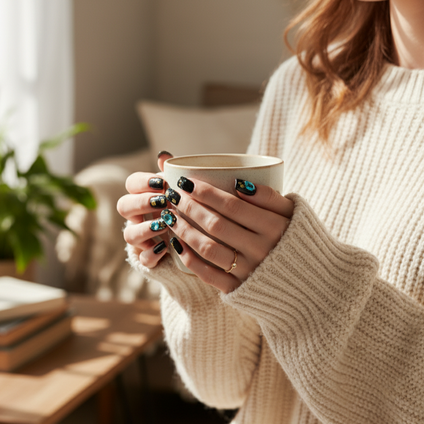 Blisss Nails Press on Nails Black color with Rhinestone & 3D Charms Short Coffin/Almond