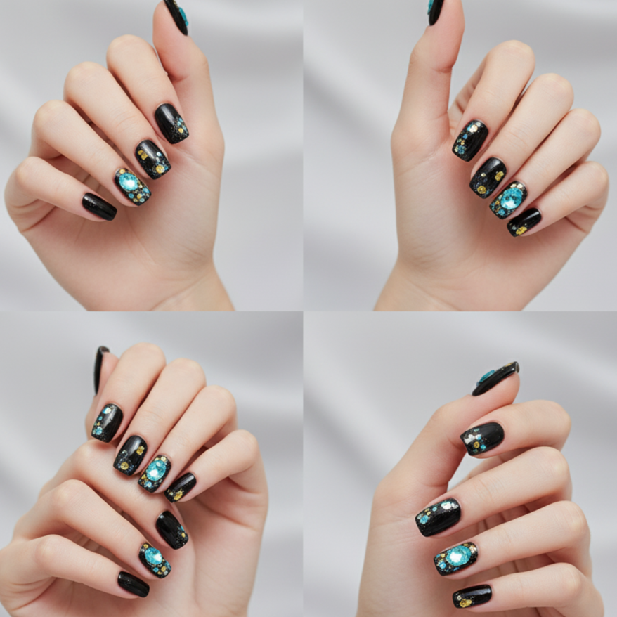 Blisss Nails Press on Nails Black color with Rhinestone & 3D Charms Short Coffin/Almond
