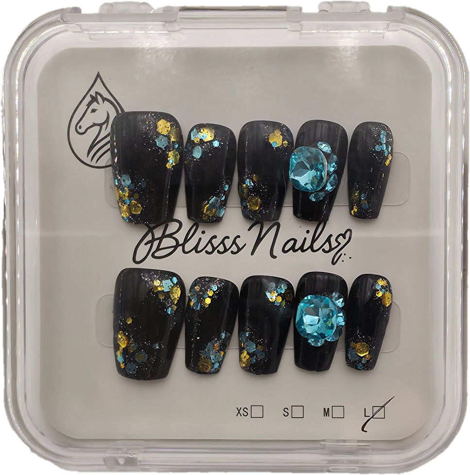 Blisss Nails Premium Handmade Black Glitter Fake Nails – Coffin Artificial Reusable Press On Nails with Blue Crystal & Gold Geometric pattern Foil for Women | Luxury Salon Finish  10 pc Nails set