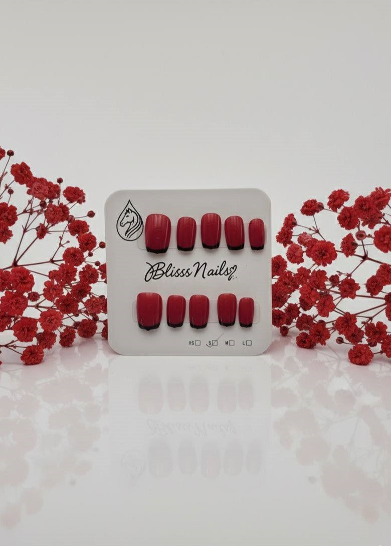 Blisss Nails Essential Machine-Made Press On Nails - Vibrant Cherry Red with Sleek Black French Tips, Reusable Artificial Nails, Short Square Round Shape, High-Gloss Salon-Style False Nails 10 Pcs Nail Set