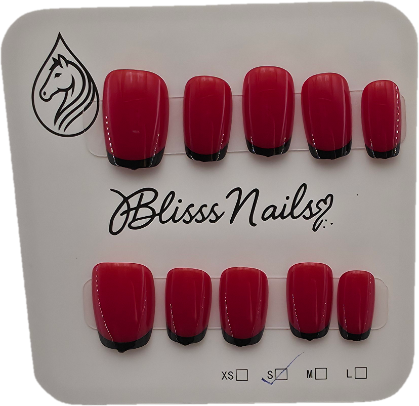 Blisss Nails Essential Machine-Made Press On Nails - Vibrant Cherry Red with Sleek Black French Tips, Reusable Artificial Nails, Short Square Round Shape, High-Gloss Salon-Style False Nails 10 Pcs Nail Set