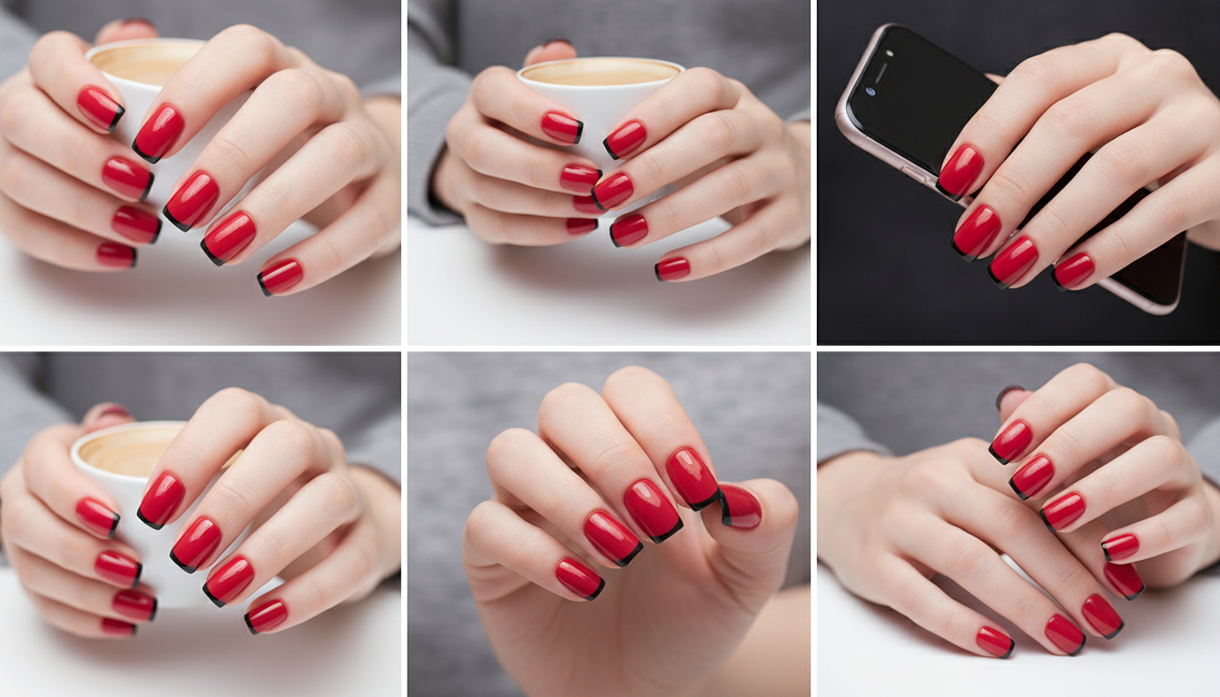 Blisss Nails Essential Machine-Made Press On Nails - Vibrant Cherry Red with Sleek Black French Tips, Reusable Artificial Nails, Short Square Round Shape, High-Gloss Salon-Style False Nails 10 Pcs Nail Set