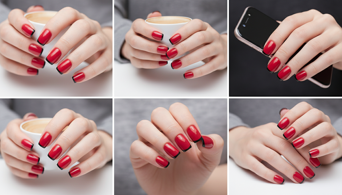 Blisss Nails Essential Machine-Made Press On Nails - Vibrant Cherry Red with Sleek Black French Tips, Reusable Artificial Nails, Short Square Round Shape, High-Gloss Salon-Style False Nails 10 Pcs Nail Set