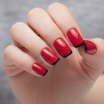 Blisss Nails Essential Machine-Made Press On Nails - Vibrant Cherry Red with Sleek Black French Tips, Reusable Artificial Nails, Short Square Round Shape, High-Gloss Salon-Style False Nails 10 Pcs Nail Set