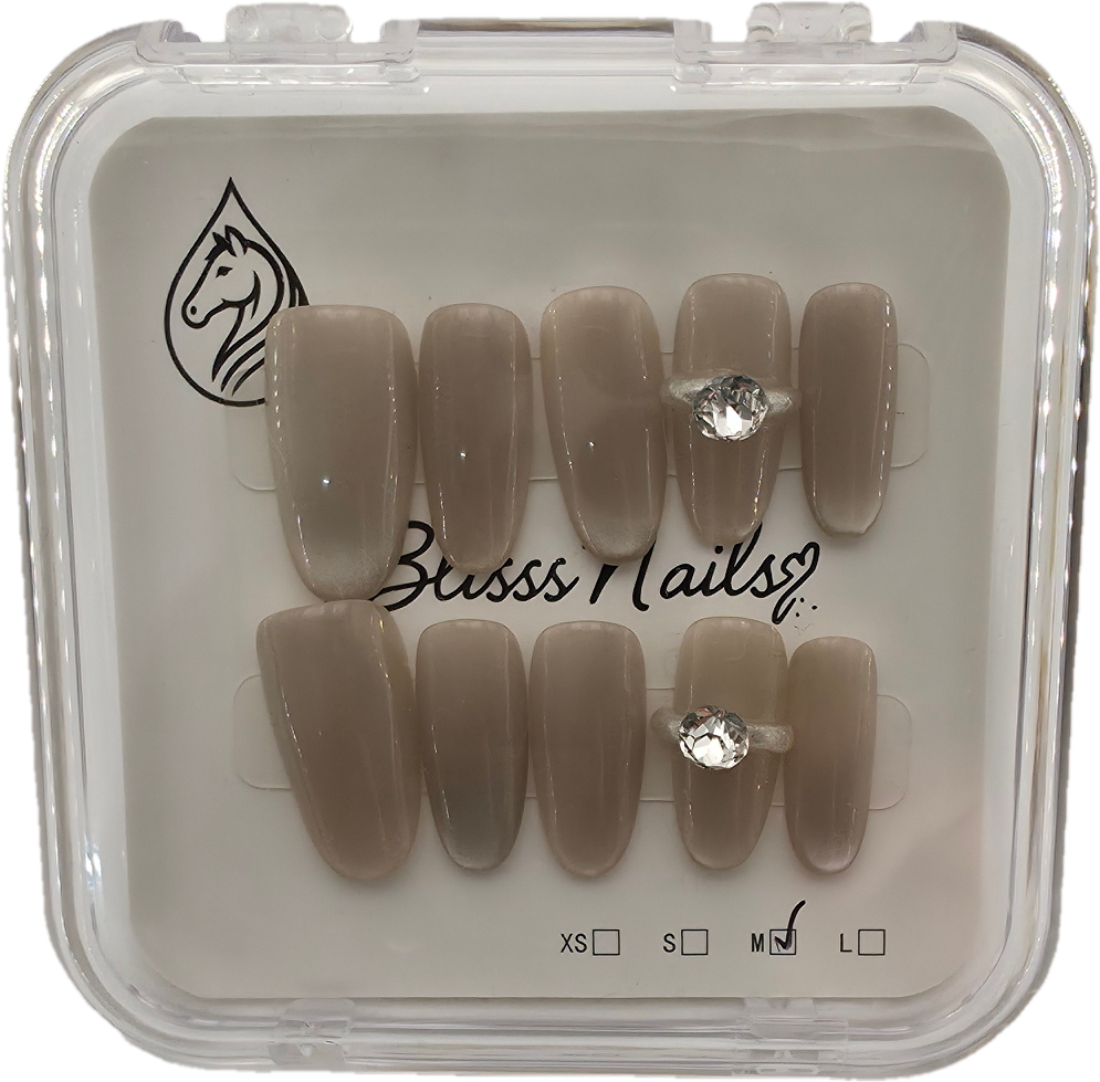 Blisss Nails Premium Handmade Nude Glossy with Cat Eye effect Fake Nails – Long Coffin Artificial Reusable Press On Nails with Crystal Accent | Elegant Salon Finish for Women 10-pc Nail Set