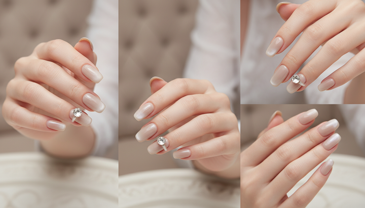 Blisss Nails Premium Handmade Nude Glossy with Cat Eye effect Fake Nails – Long Coffin Artificial Reusable Press On Nails with Crystal Accent | Elegant Salon Finish for Women 10-pc Nail Set