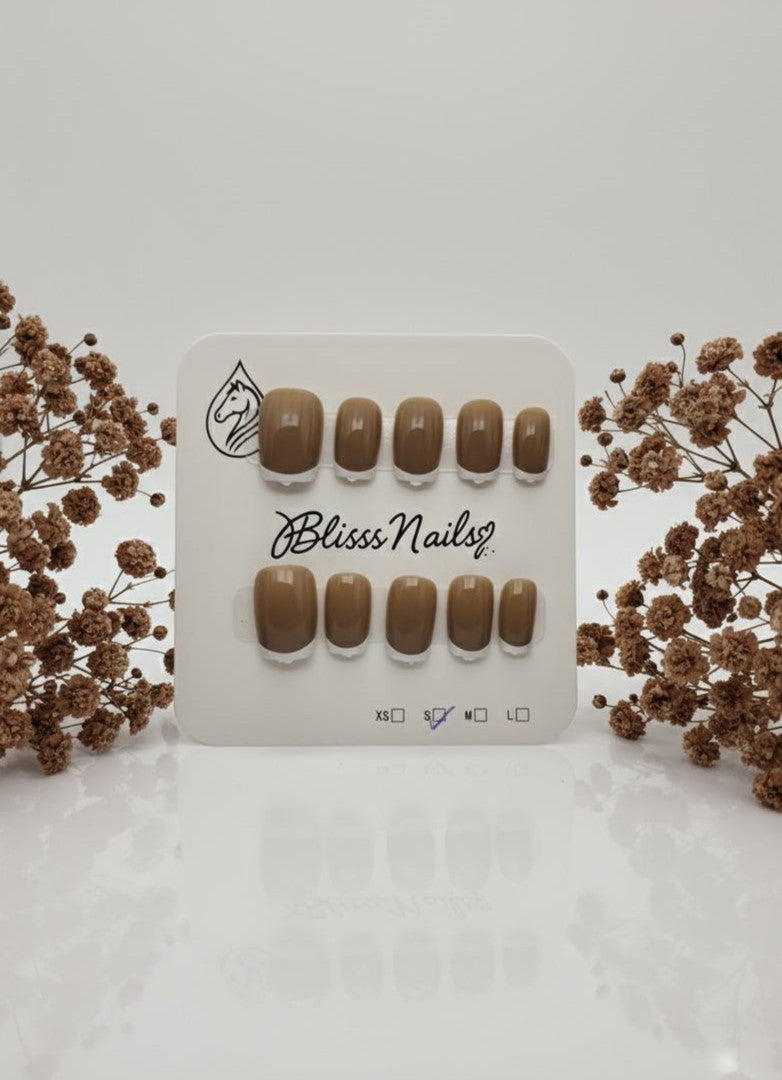 Blisss Nails Essential Machine-Made Press On Nails - Soft Brown Mocha Latte Nude with Classic White French Tips, Reusable Artificial Nails, Short Square Round Shape, High-Gloss Salon-Style False Nails 10 Pcs Nail Set