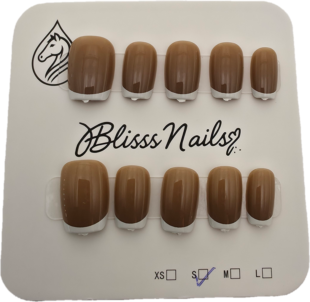 Blisss Nails Essential Machine-Made Press On Nails - Soft Brown Mocha Latte Nude with Classic White French Tips, Reusable Artificial Nails, Short Square Round Shape, High-Gloss Salon-Style False Nails 10 Pcs Nail Set