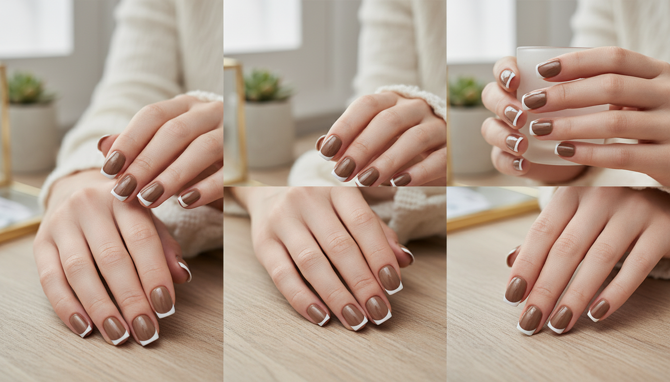 Blisss Nails Essential Machine-Made Press On Nails - Soft Brown Mocha Latte Nude with Classic White French Tips, Reusable Artificial Nails, Short Square Round Shape, High-Gloss Salon-Style False Nails 10 Pcs Nail Set