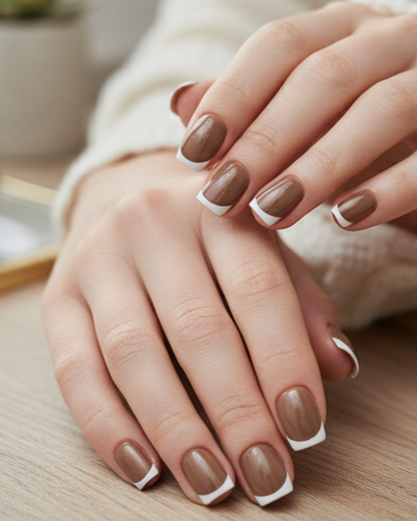 Blisss Nails Essential Machine-Made Press On Nails - Soft Brown Mocha Latte Nude with Classic White French Tips, Reusable Artificial Nails, Short Square Round Shape, High-Gloss Salon-Style False Nails 10 Pcs Nail Set