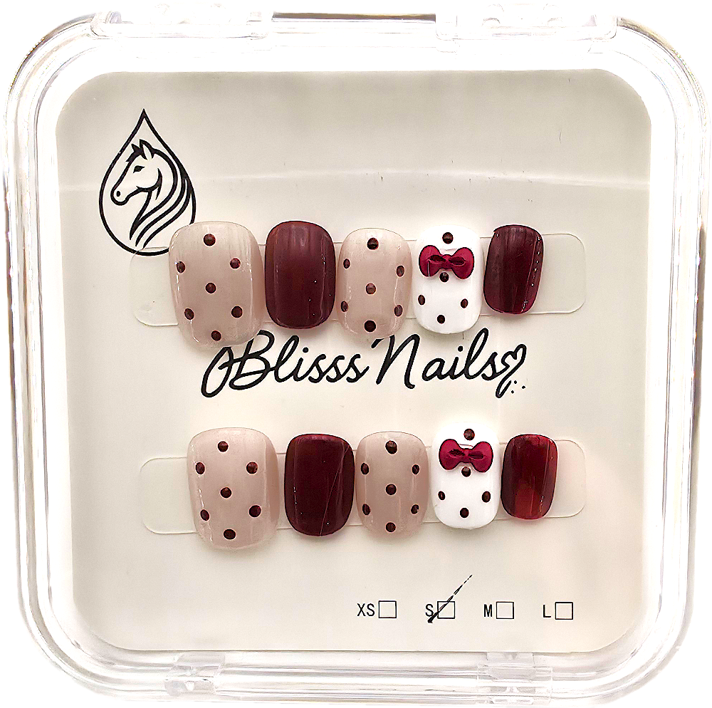 Blisss Nails Premium Handmade Burgundy Polka Dot Fake Nails – Short Square Artificial Reusable Press On Nails with Bow Accent for Women | Cute Salon Finish 10 pc Nail set