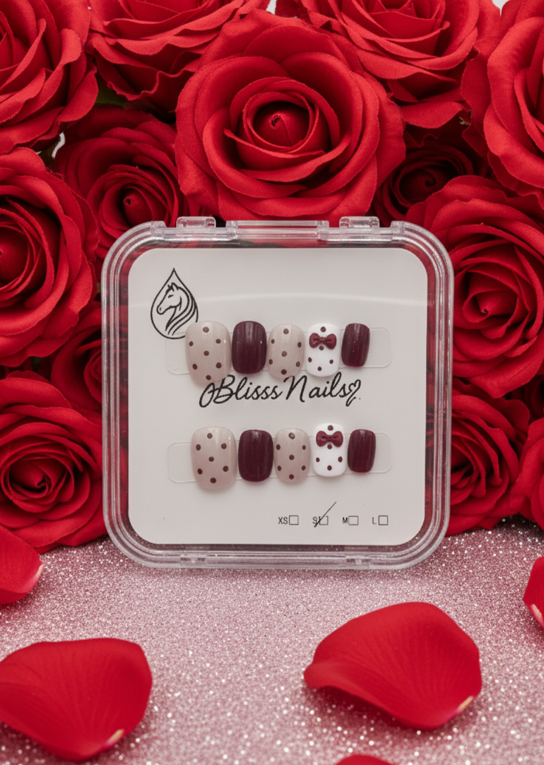 Blisss Nails Premium Handmade Burgundy Polka Dot Fake Nails – Short Square Artificial Reusable Press On Nails with Bow Accent for Women | Cute Salon Finish 10 pc Nail set