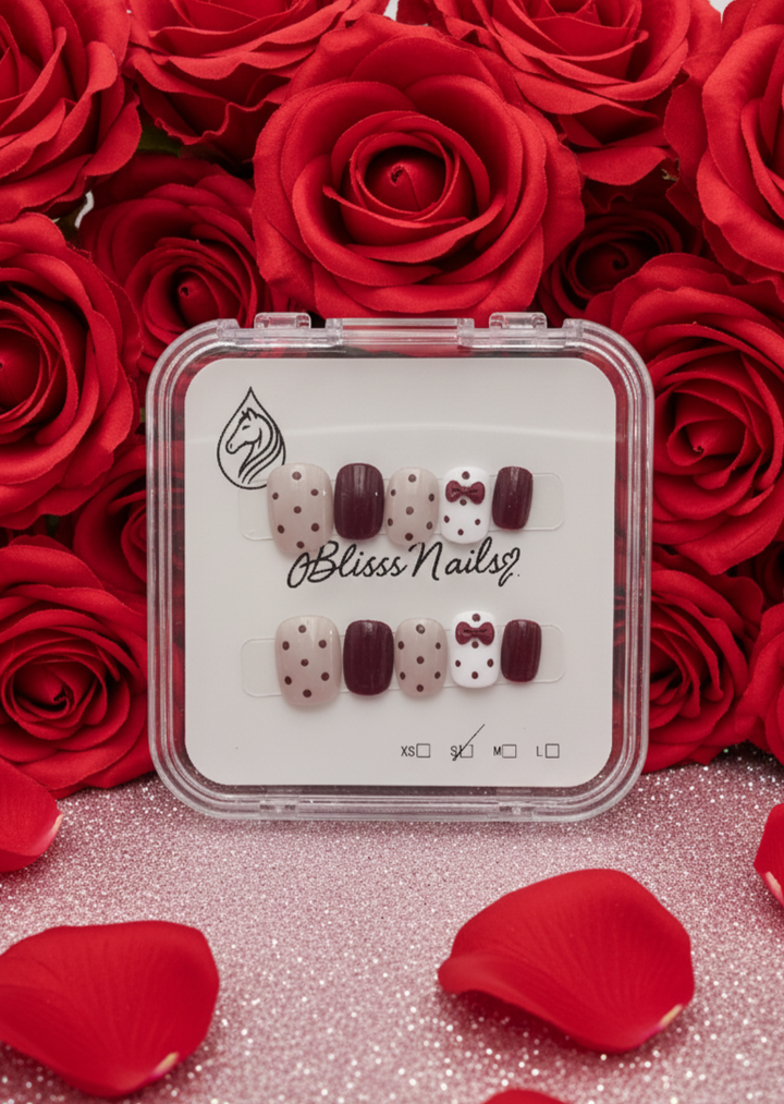 Blisss Nails Premium Handmade Burgundy Polka Dot Fake Nails – Short Square Artificial Reusable Press On Nails with Bow Accent for Women | Cute Salon Finish 10 pc Nail set