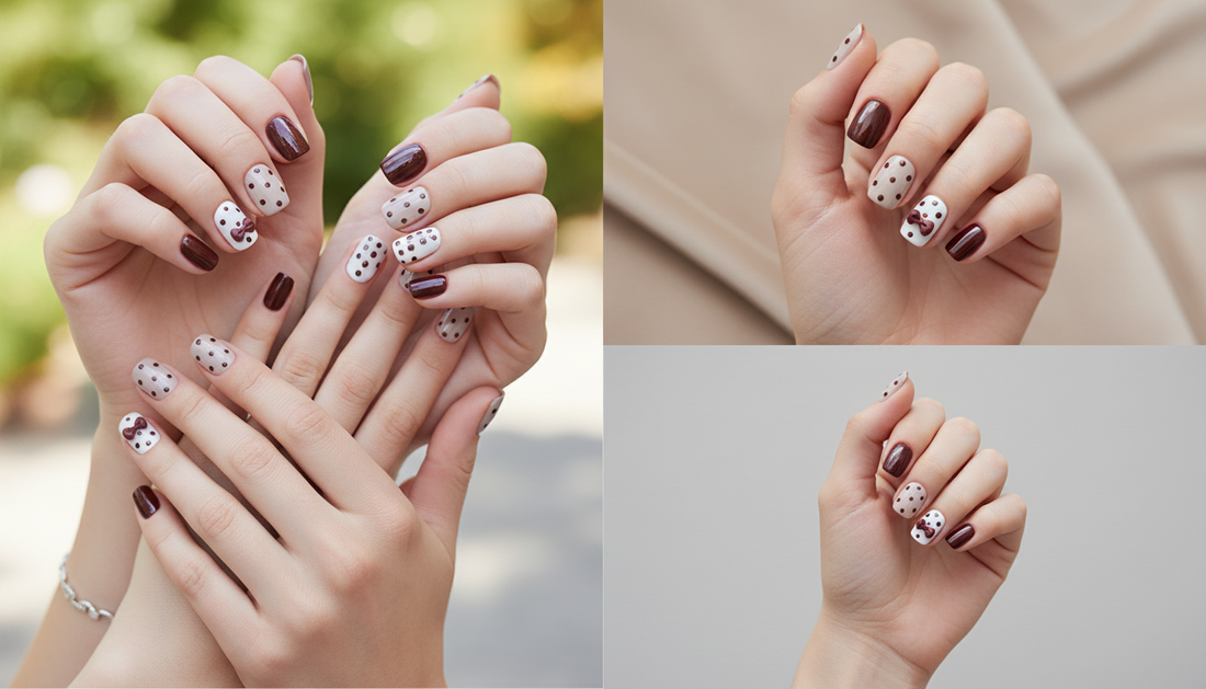 Blisss Nails Premium Handmade Burgundy Polka Dot Fake Nails – Short Square Artificial Reusable Press On Nails with Bow Accent for Women | Cute Salon Finish 10 pc Nail set