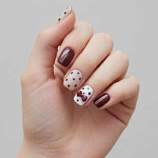 Blisss Nails Premium Handmade Burgundy Polka Dot Fake Nails – Short Square Artificial Reusable Press On Nails with Bow Accent for Women | Cute Salon Finish 10 pc Nail set