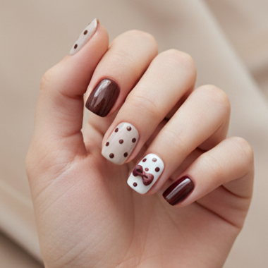 Blisss Nails Premium Handmade Burgundy Polka Dot Fake Nails – Short Square Artificial Reusable Press On Nails with Bow Accent for Women | Cute Salon Finish 10 pc Nail set
