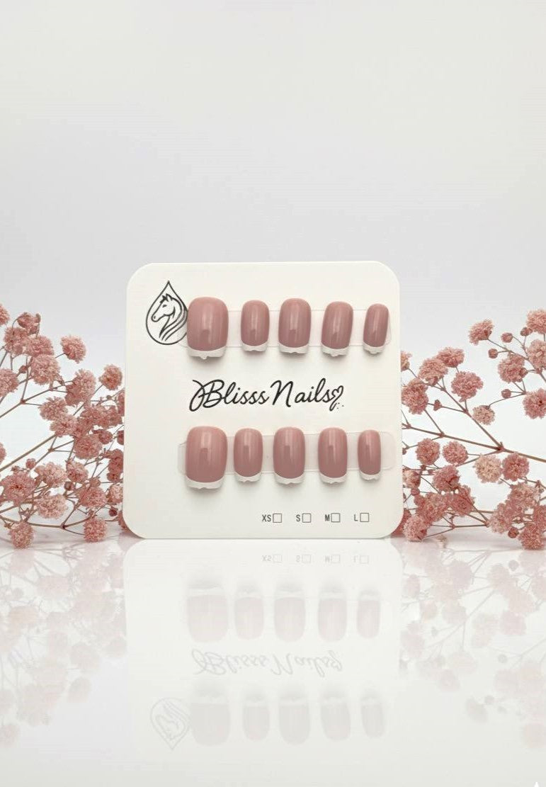 Blisss Nails Essential Machine-Made Press On Nails - Dusty Mauve Pink Rose Nude with Classic White French Tips, Reusable Artificial Nails, Short Square Round Shape, High-Gloss Salon-Style False Nails 10 Pcs Nail Set