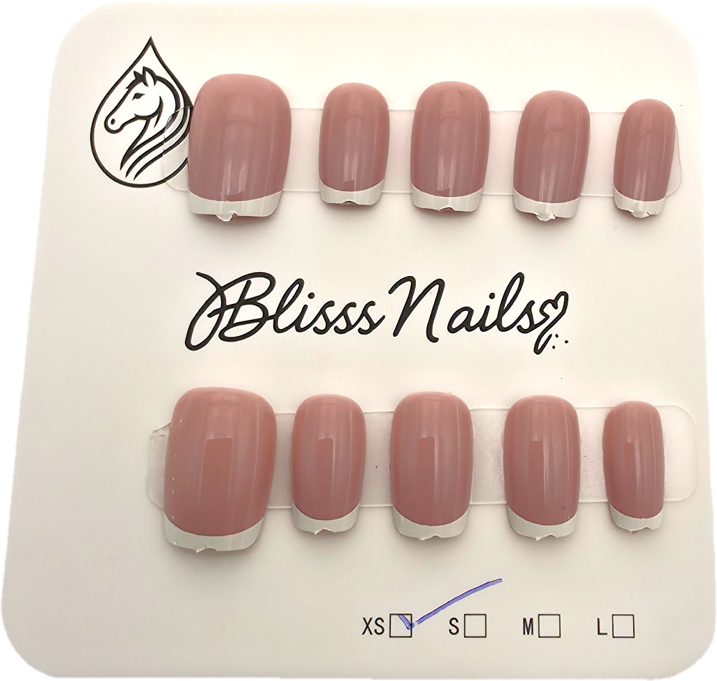 Blisss Nails Essential Machine-Made Press On Nails - Dusty Mauve Pink Rose Nude with Classic White French Tips, Reusable Artificial Nails, Short Square Round Shape, High-Gloss Salon-Style False Nails 10 Pcs Nail Set