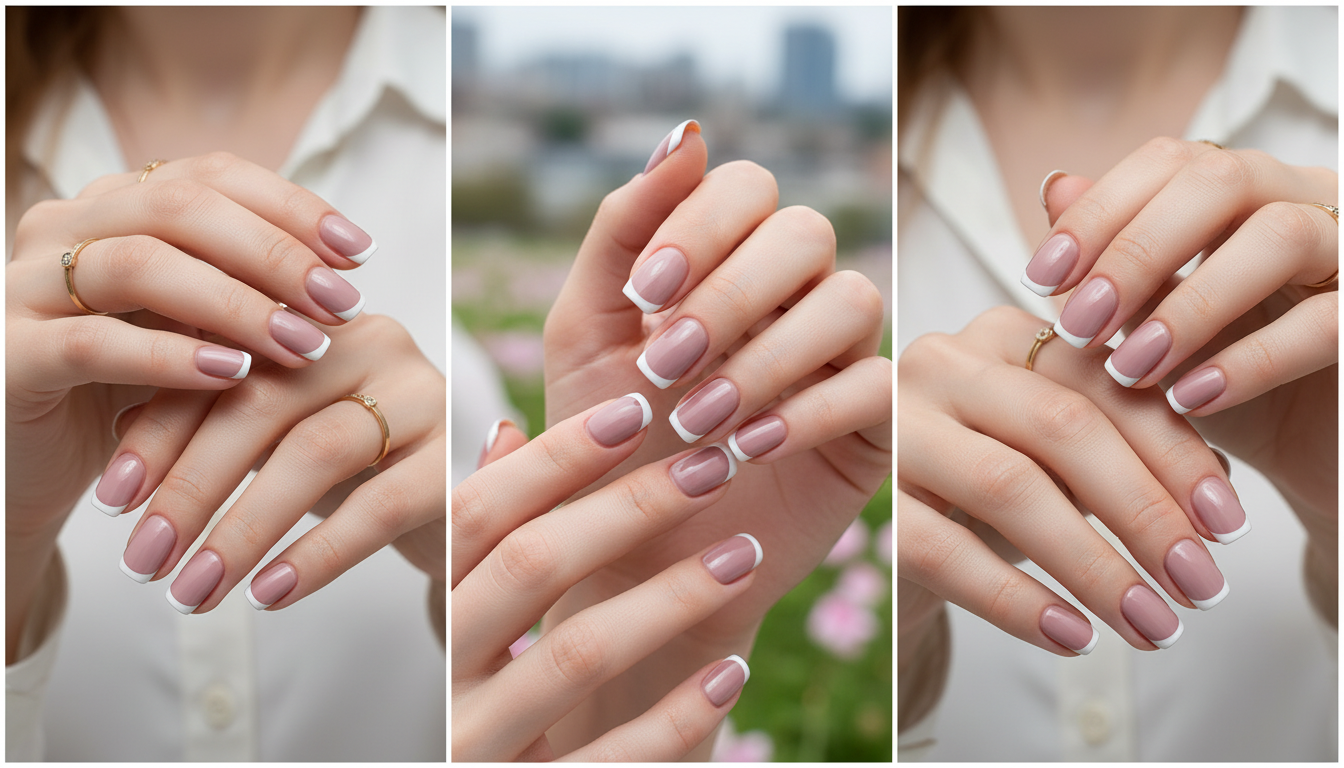 Blisss Nails Essential Machine-Made Press On Nails - Dusty Mauve Pink Rose Nude with Classic White French Tips, Reusable Artificial Nails, Short Square Round Shape, High-Gloss Salon-Style False Nails 10 Pcs Nail Set