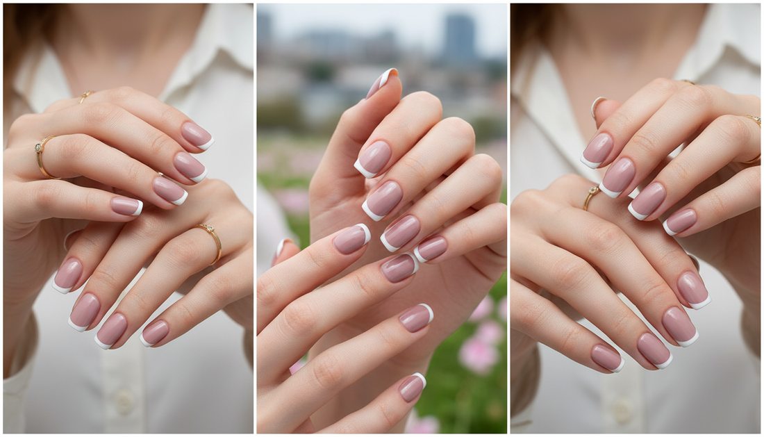 Blisss Nails Essential Machine-Made Press On Nails - Dusty Mauve Pink Rose Nude with Classic White French Tips, Reusable Artificial Nails, Short Square Round Shape, High-Gloss Salon-Style False Nails 10 Pcs Nail Set