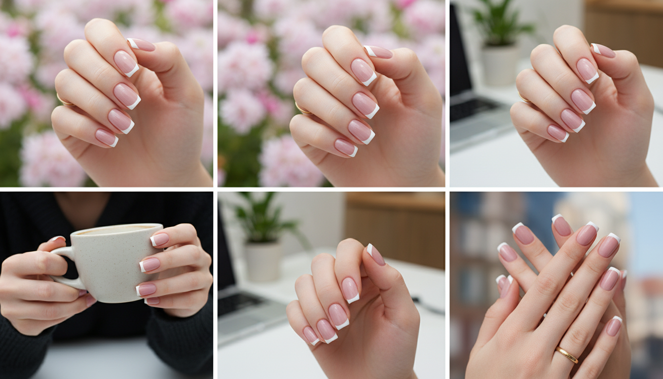 Blisss Nails Essential Machine-Made Press On Nails - Dusty Mauve Pink Rose Nude with Classic White French Tips, Reusable Artificial Nails, Short Square Round Shape, High-Gloss Salon-Style False Nails 10 Pcs Nail Set