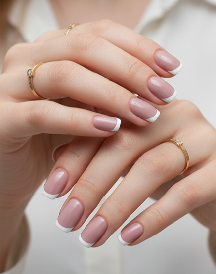 Blisss Nails Essential Machine-Made Press On Nails - Dusty Mauve Pink Rose Nude with Classic White French Tips, Reusable Artificial Nails, Short Square Round Shape, High-Gloss Salon-Style False Nails 10 Pcs Nail Set