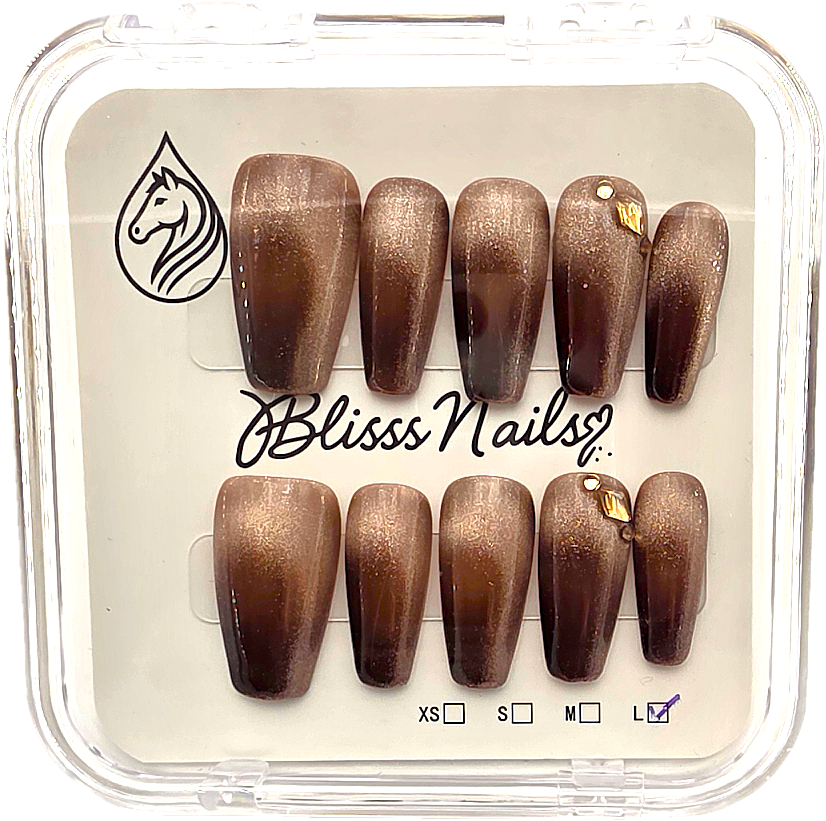 Blisss Nails Premium Handmade Brown Ombre with Cat Eye Effect Fake Nails – Long Coffin Artificial Reusable Press On Nails with Gold Accent | Shimmer Glossy Salon Finish for Women 10 pc Nail set