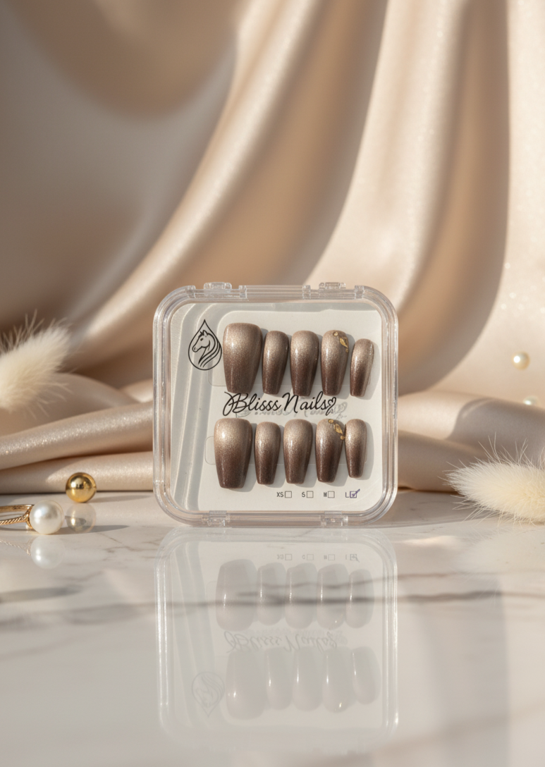 Blisss Nails Premium Handmade Brown Ombre with Cat Eye Effect Fake Nails – Long Coffin Artificial Reusable Press On Nails with Gold Accent | Shimmer Glossy Salon Finish for Women 10 pc Nail set