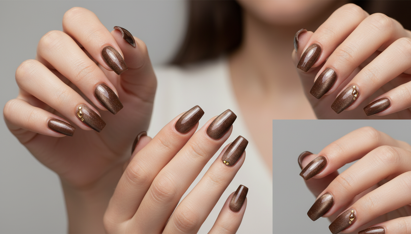 Blisss Nails Premium Handmade Brown Ombre with Cat Eye Effect Fake Nails – Long Coffin Artificial Reusable Press On Nails with Gold Accent | Shimmer Glossy Salon Finish for Women 10 pc Nail set