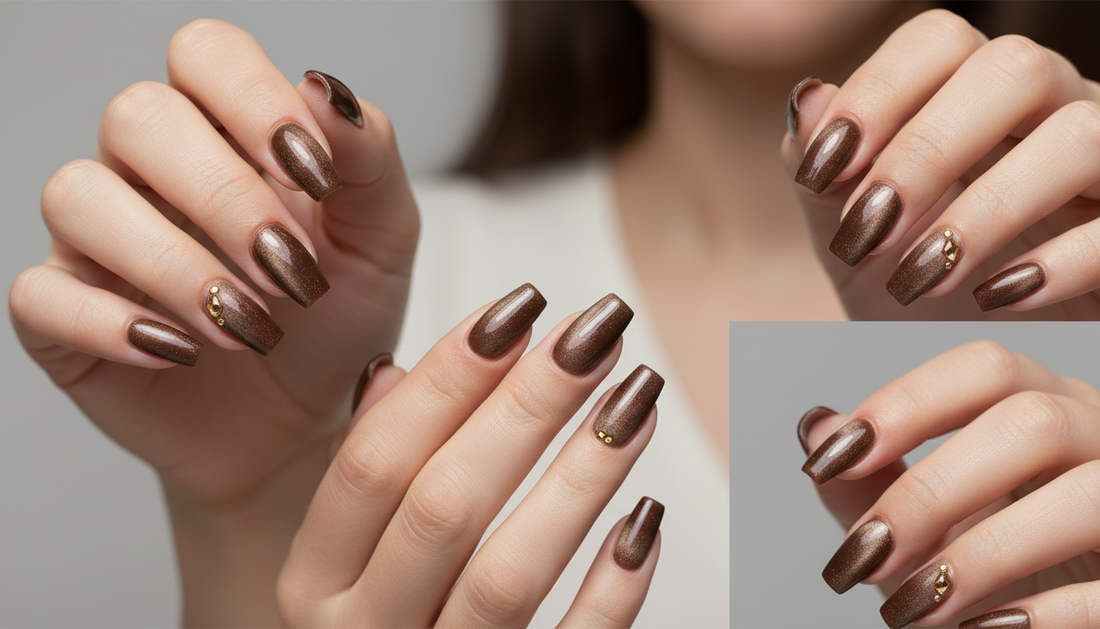 Blisss Nails Premium Handmade Brown Ombre with Cat Eye Effect Fake Nails – Long Coffin Artificial Reusable Press On Nails with Gold Accent | Shimmer Glossy Salon Finish for Women 10 pc Nail set
