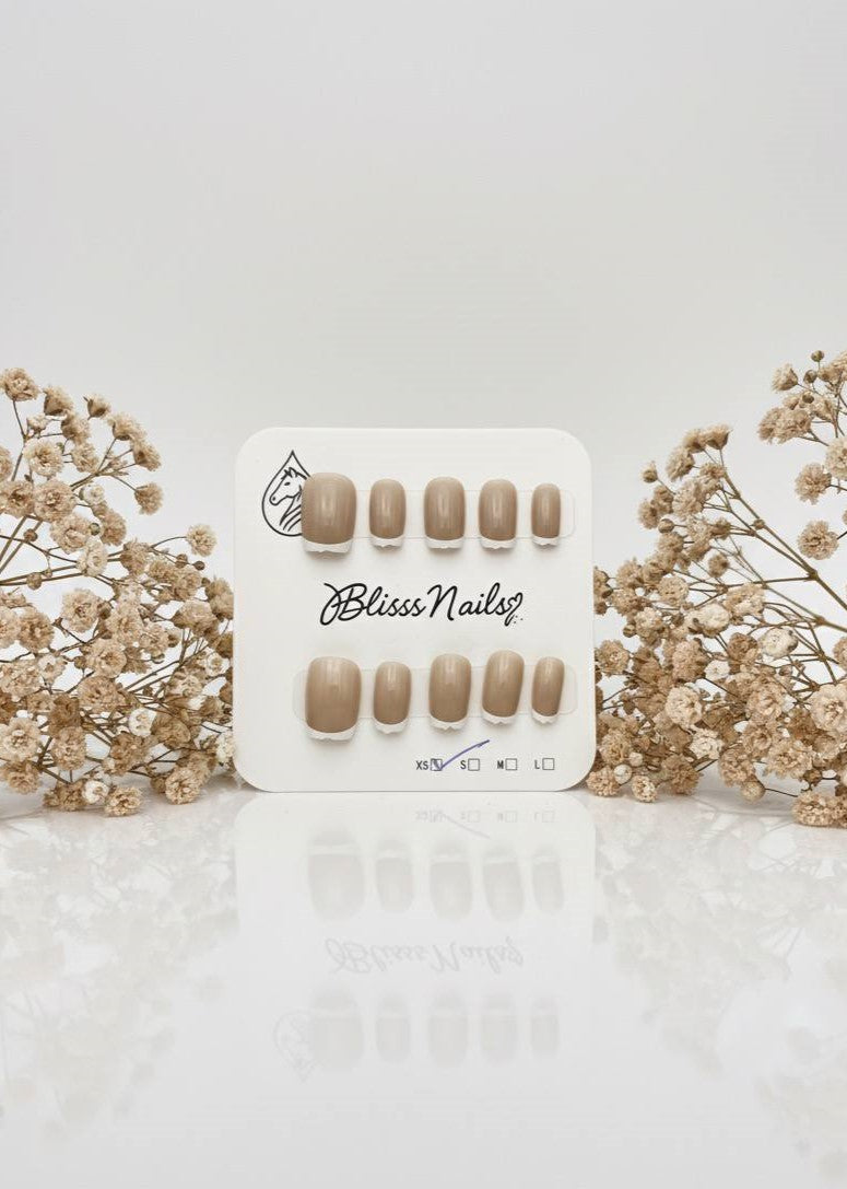 Blisss Nails Essential Machine-Made Press On Nails - Warm Toffee Nude with Classic White French Tips, Reusable Artificial Nails, Short Square Round Shape, High-Gloss Salon-Style False Nails 10 Pcs Nail Set