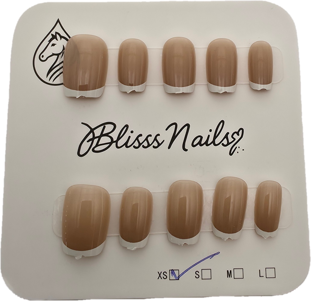 Blisss Nails Essential Machine-Made Press On Nails - Warm Toffee Nude with Classic White French Tips, Reusable Artificial Nails, Short Square Round Shape, High-Gloss Salon-Style False Nails 10 Pcs Nail Set