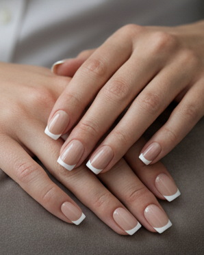 Blisss Nails Essential Machine-Made Press On Nails - Warm Toffee Nude with Classic White French Tips, Reusable Artificial Nails, Short Square Round Shape, High-Gloss Salon-Style False Nails 10 Pcs Nail Set