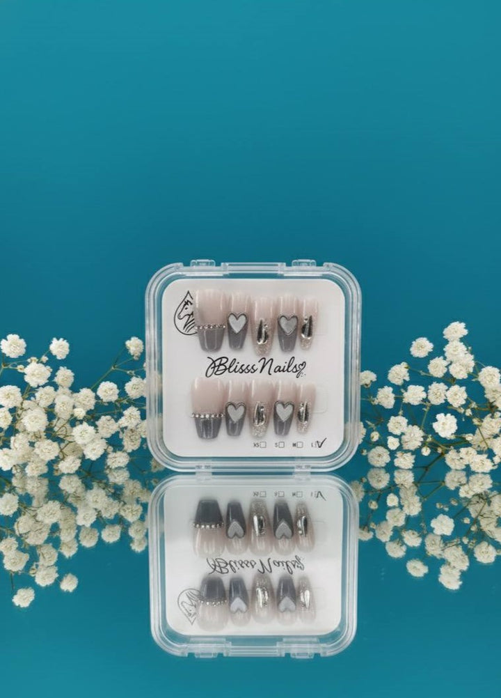 Blisss Nails Handmade Nude Grey Ombre Press On Nails – Long Coffin Reusable Artificial Fake Nails with Heart Charms & Rhinestones | Premium Luxury Nail Art 10 pc Nail Set
