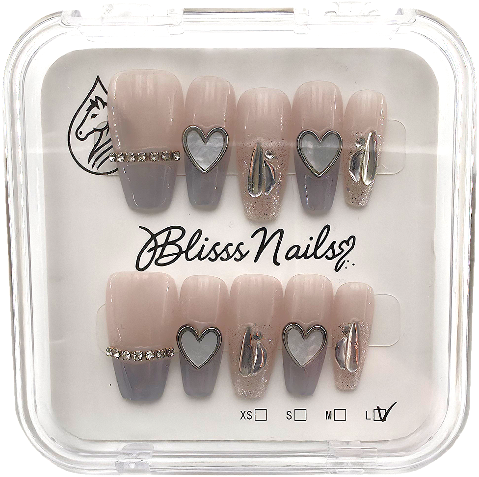 Blisss Nails Handmade Nude Grey Ombre Press On Nails – Long Coffin Reusable Artificial Fake Nails with Heart Charms & Rhinestones | Premium Luxury Nail Art 10 pc Nail Set