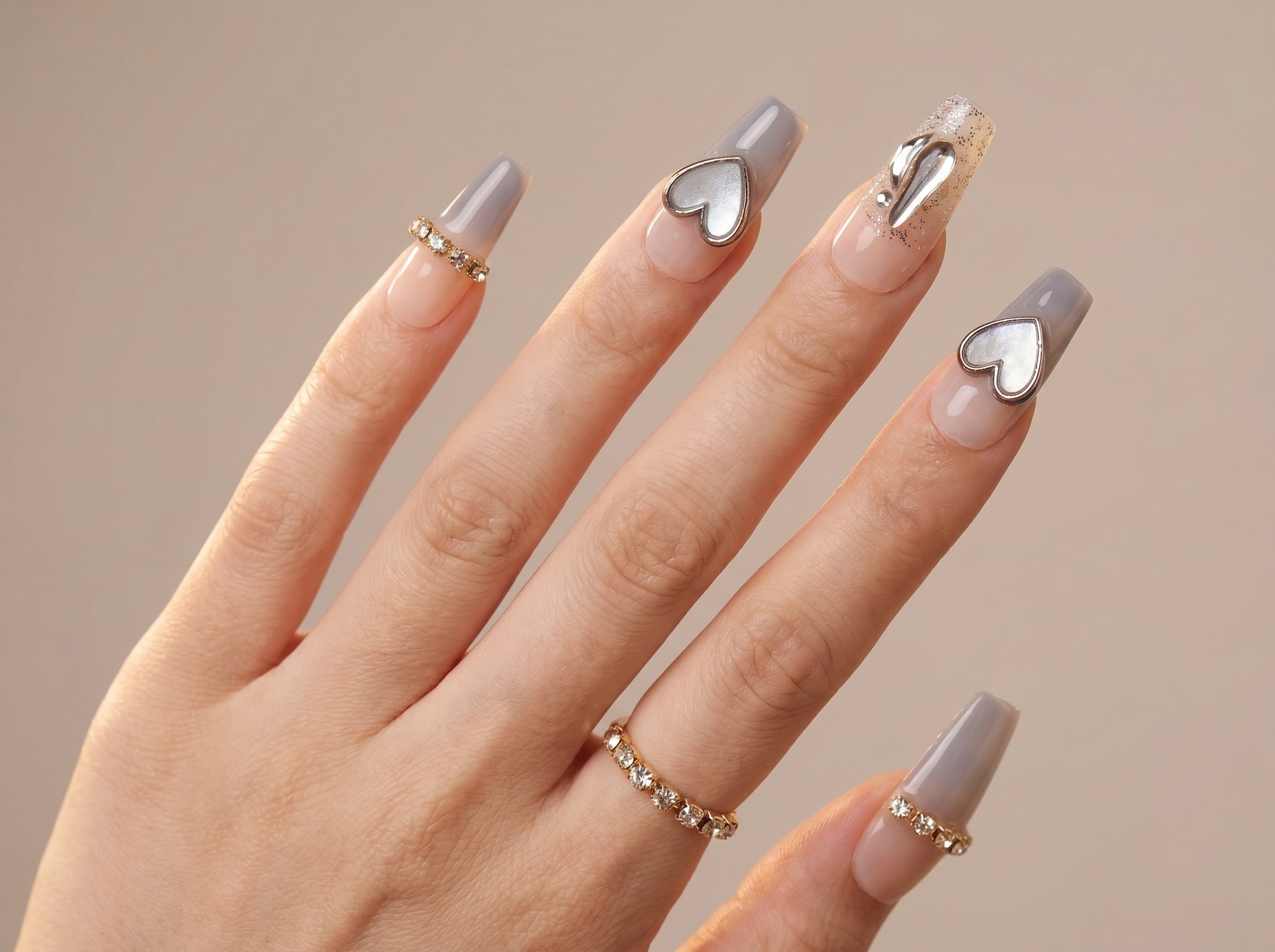 Blisss Nails Handmade Nude Grey Ombre Press On Nails – Long Coffin Reusable Artificial Fake Nails with Heart Charms & Rhinestones | Premium Luxury Nail Art 10 pc Nail Set