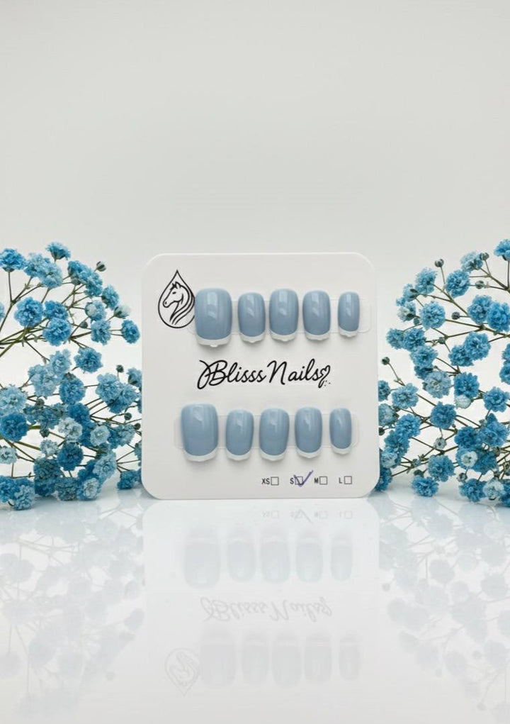 Blisss Nails Essential Machine-Made Press On Nails - Dusty Cornflower Blue with Classic White French Tips, Reusable Artificial Nails, Short Square Round Shape, High-Gloss Salon-Style False Nails 10 Pcs Nail Set