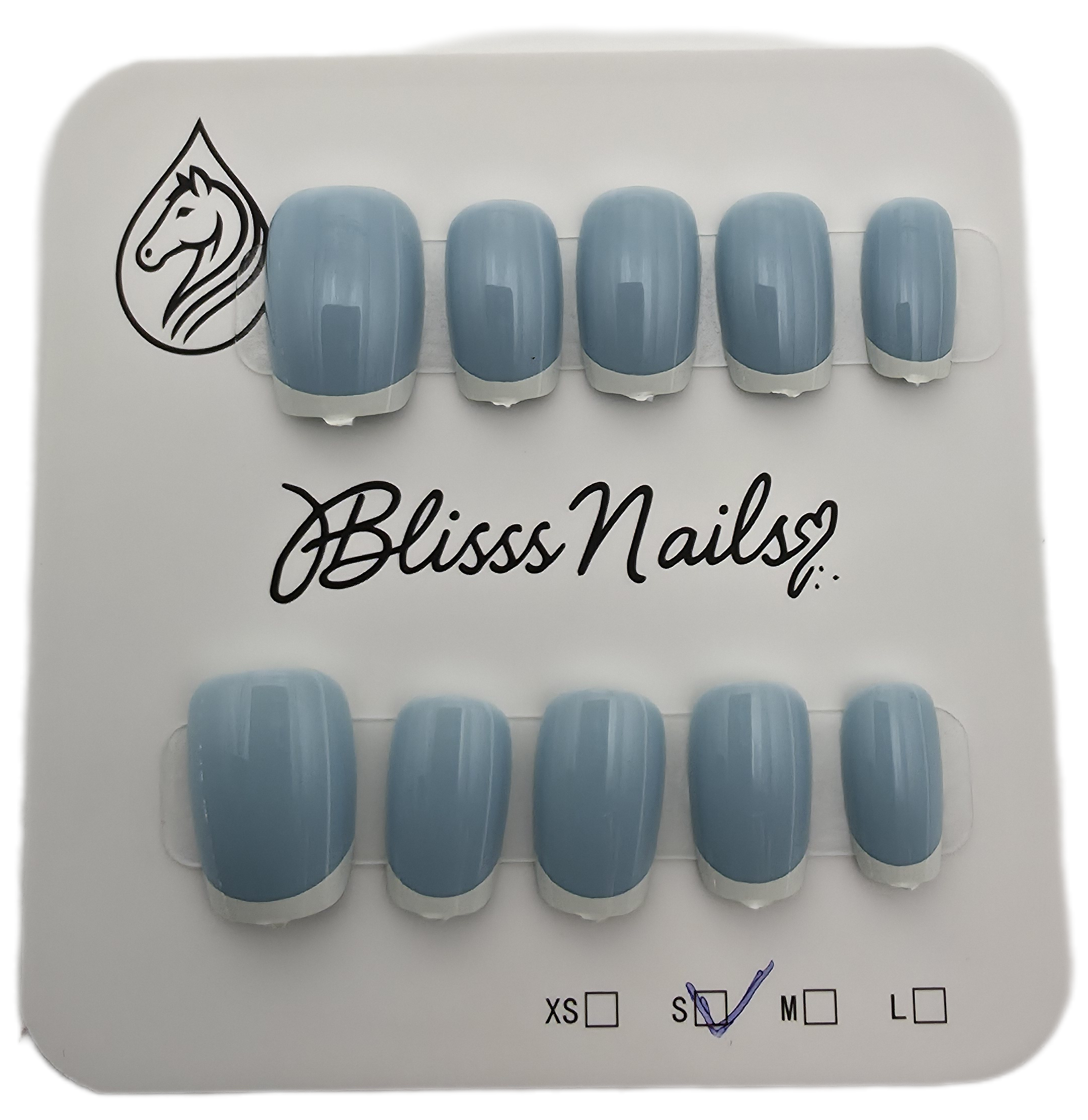 Blisss Nails Essential Machine-Made Press On Nails - Dusty Cornflower Blue with Classic White French Tips, Reusable Artificial Nails, Short Square Round Shape, High-Gloss Salon-Style False Nails 10 Pcs Nail Set