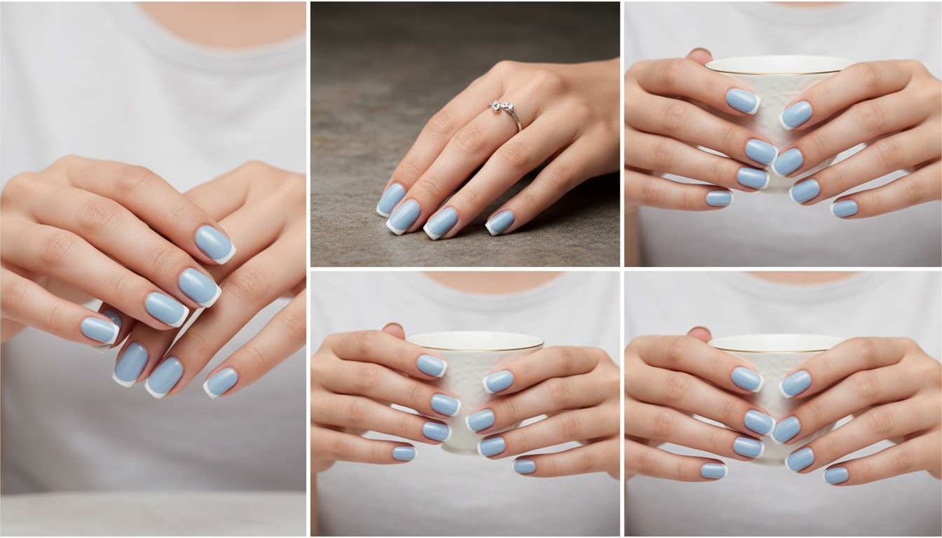Blisss Nails Essential Machine-Made Press On Nails - Dusty Cornflower Blue with Classic White French Tips, Reusable Artificial Nails, Short Square Round Shape, High-Gloss Salon-Style False Nails 10 Pcs Nail Set