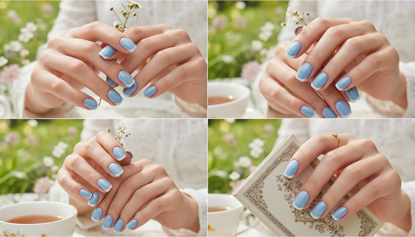 Blisss Nails Essential Machine-Made Press On Nails - Dusty Cornflower Blue with Classic White French Tips, Reusable Artificial Nails, Short Square Round Shape, High-Gloss Salon-Style False Nails 10 Pcs Nail Set