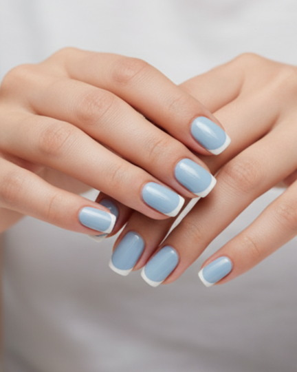 Blisss Nails Essential Machine-Made Press On Nails - Dusty Cornflower Blue with Classic White French Tips, Reusable Artificial Nails, Short Square Round Shape, High-Gloss Salon-Style False Nails 10 Pcs Nail Set