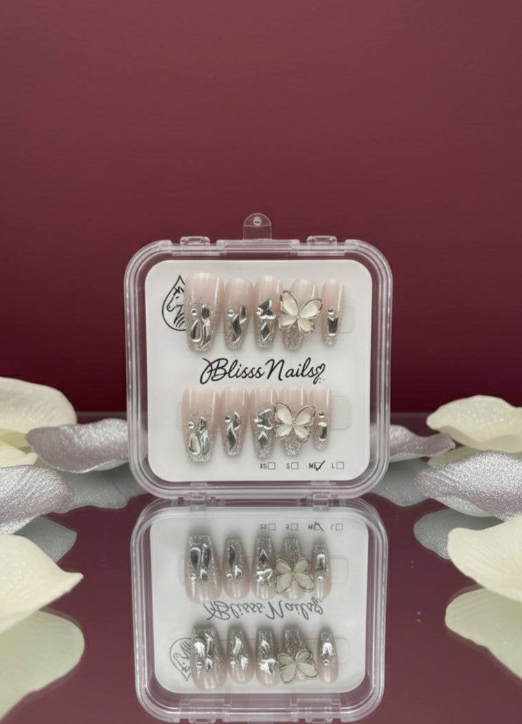 Blisss Nails Handmade Nude Glitter Press On Nails – Long Coffin Reusable Artificial Fake Nails with 3D Butterfly Charm & Chrome Accents | Premium Luxury Nail Art 10 pc Nail Set
