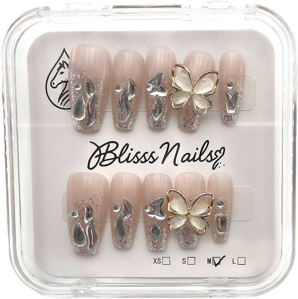 Blisss Nails Handmade Nude Glitter Press On Nails – Long Coffin Reusable Artificial Fake Nails with 3D Butterfly Charm & Chrome Accents | Premium Luxury Nail Art 10 pc Nail Set