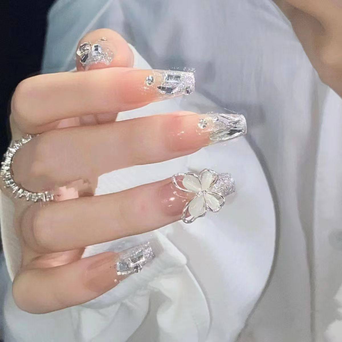 Blisss Nails Handmade Nude Glitter Press On Nails – Long Coffin Reusable Artificial Fake Nails with 3D Butterfly Charm & Chrome Accents | Premium Luxury Nail Art 10 pc Nail Set