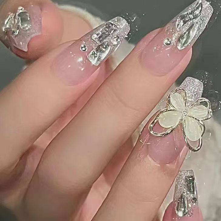 Blisss Nails Handmade Nude Glitter Press On Nails – Long Coffin Reusable Artificial Fake Nails with 3D Butterfly Charm & Chrome Accents | Premium Luxury Nail Art 10 pc Nail Set