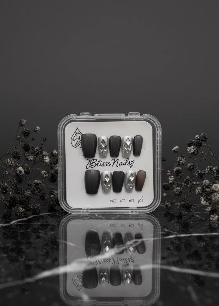 Blisss Nails Premium Handmade Black with Cat Eye Effect & Silver Glitter Fake Nails – Coffin Artificial Reusable Press On Nails with Crystal Rhinestone Design for Women | Luxury Salon Finish 10 pc Nail Set
