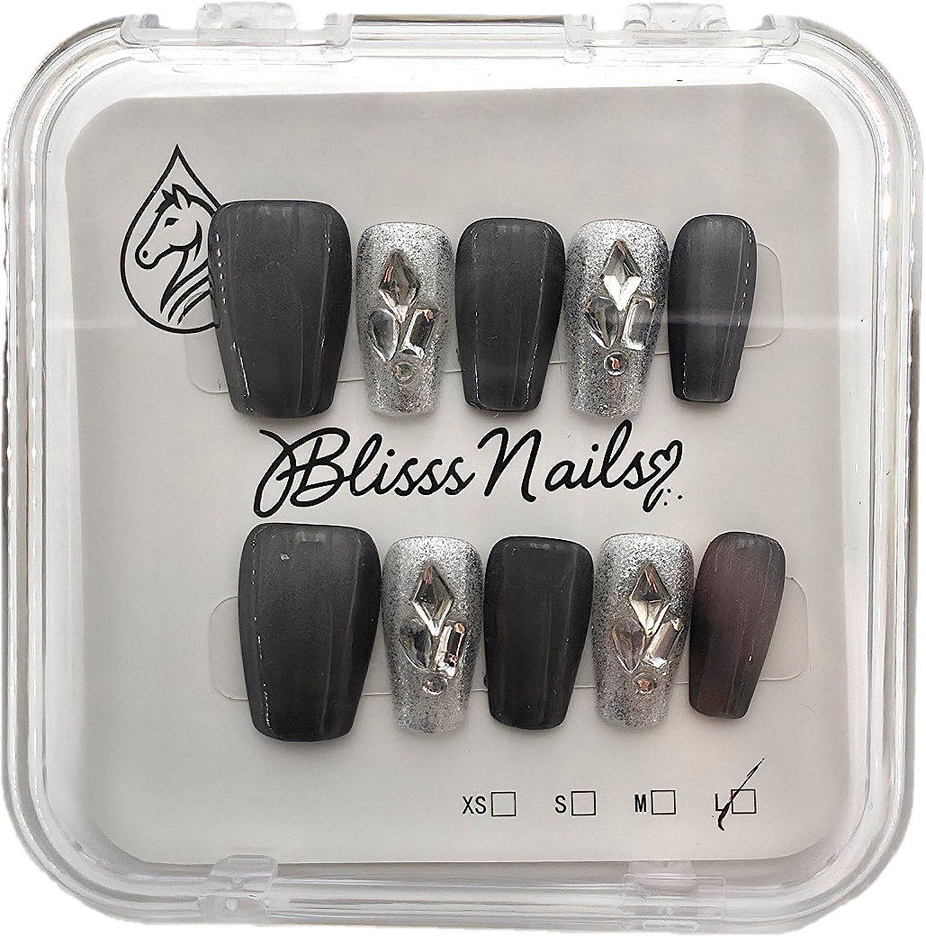 Blisss Nails Premium Handmade Black with Cat Eye Effect & Silver Glitter Fake Nails – Coffin Artificial Reusable Press On Nails with Crystal Rhinestone Design for Women | Luxury Salon Finish 10 pc Nail Set